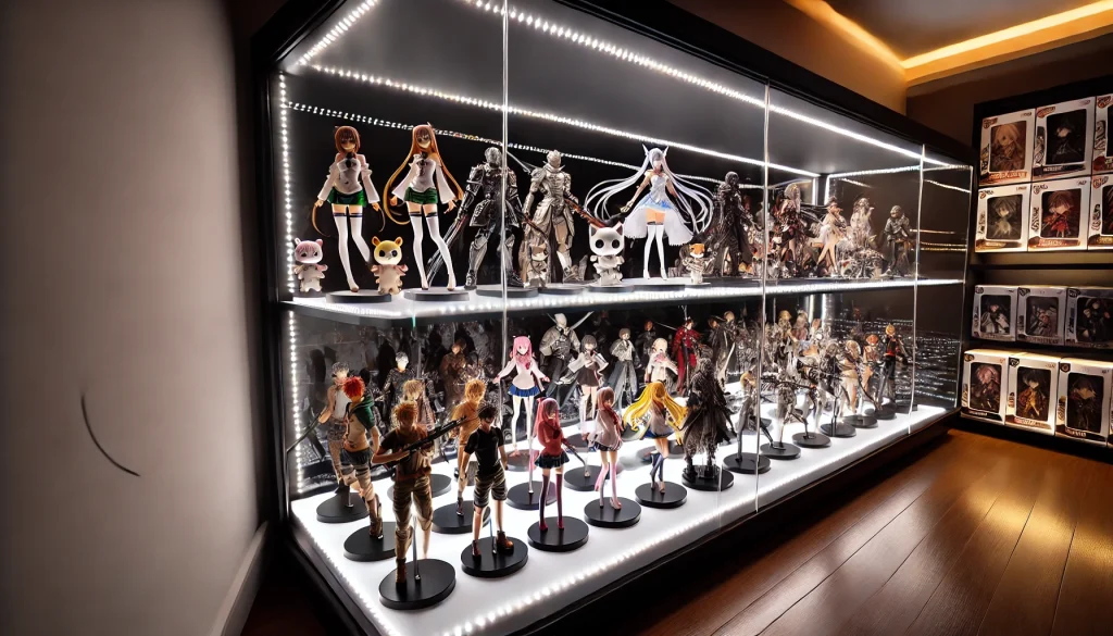 テープライトをフィギュアケースやコレクション棚のライトアップとして活用しているイメージ画像